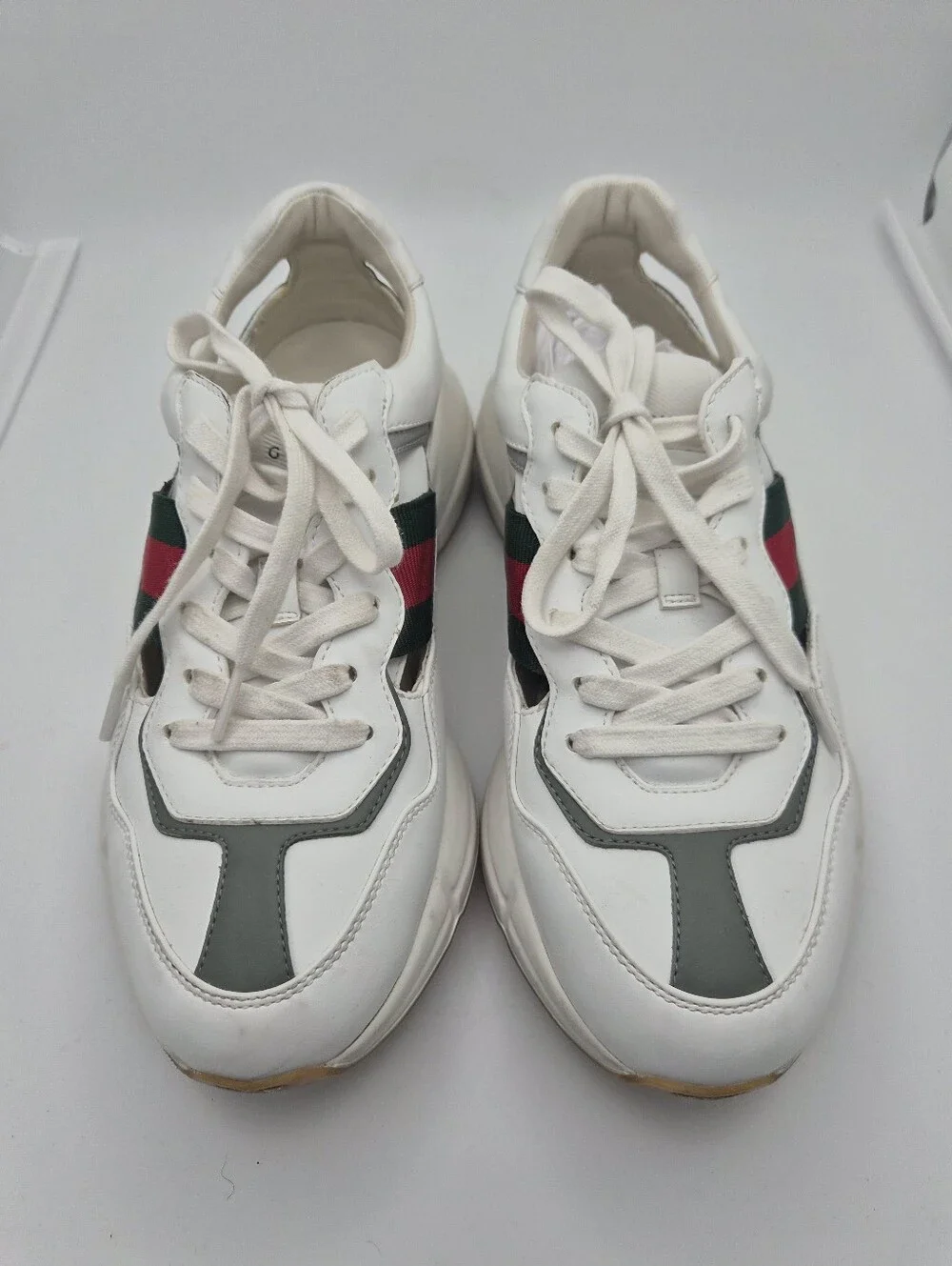 White Men’s Leather Sneakers with Green and Red Stripe